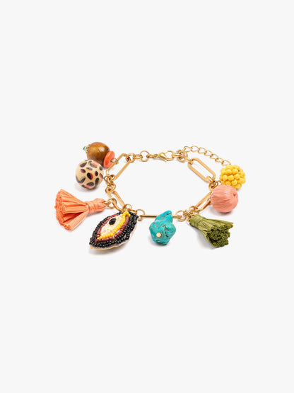 Bracelet Of Links With Raffia And Beads Pendants