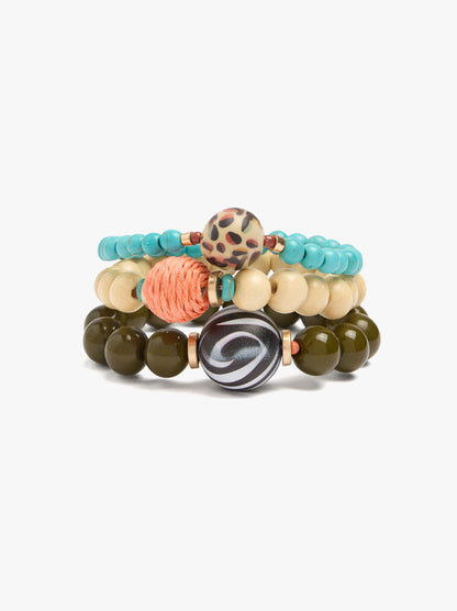 Set Of Elastic Bracelets With Wood Beads And Stones