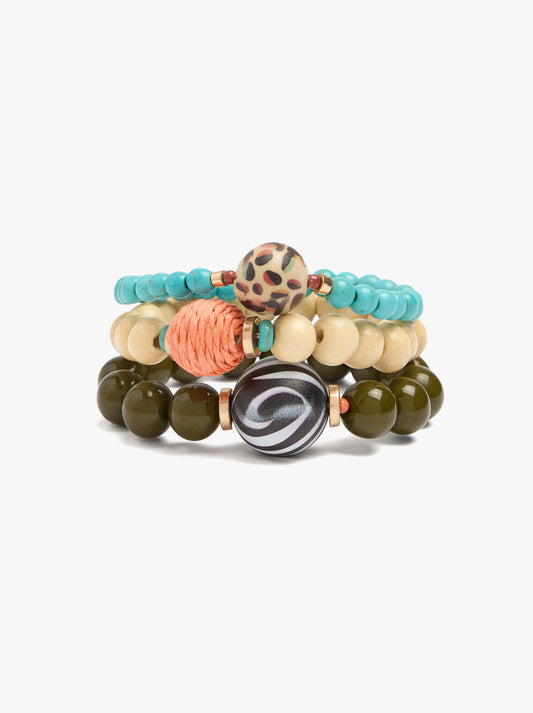 Set Of Elastic Bracelets With Wood Beads And Stones