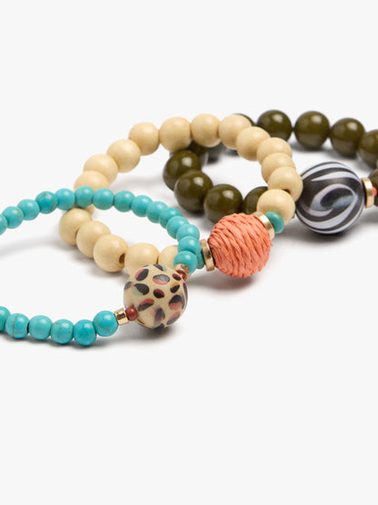 Set Of Elastic Bracelets With Wood Beads And Stones