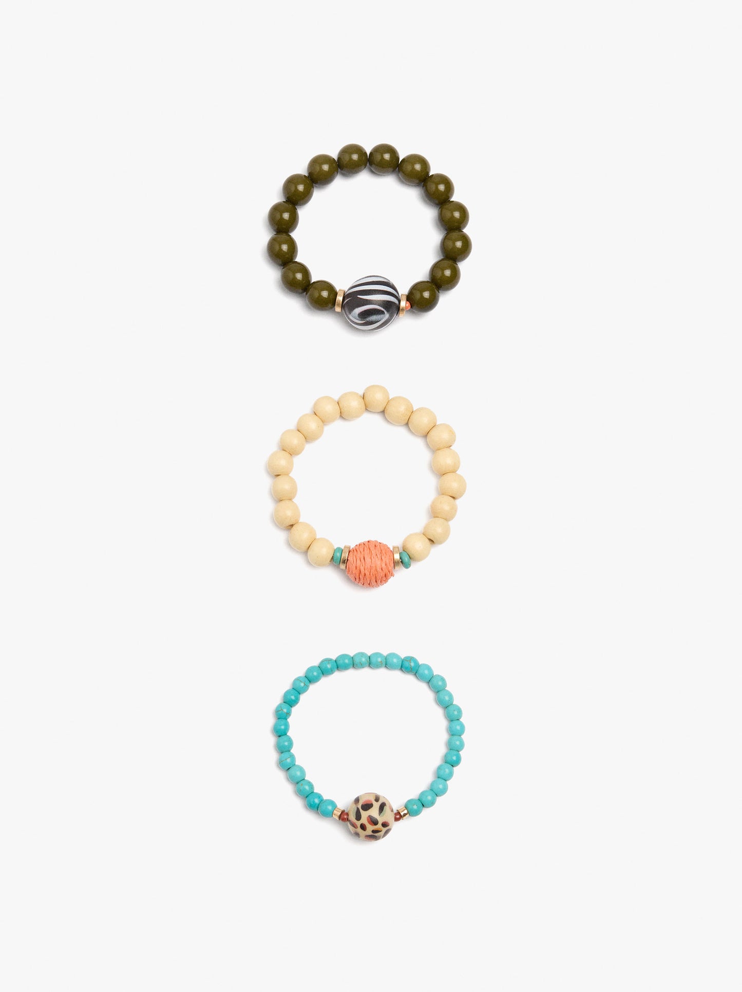 Set Of Elastic Bracelets With Wood Beads And Stones