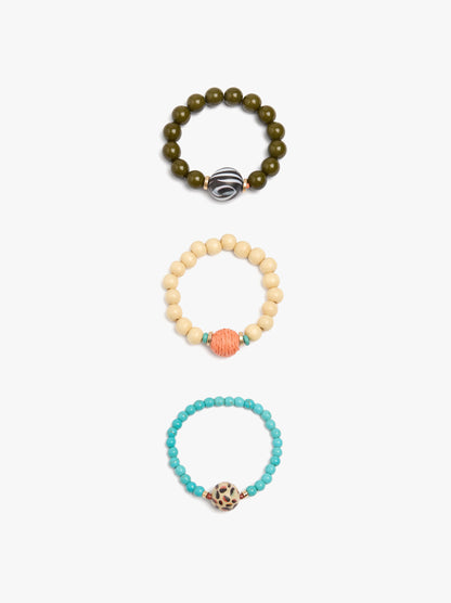 Set Of Elastic Bracelets With Wood Beads And Stones