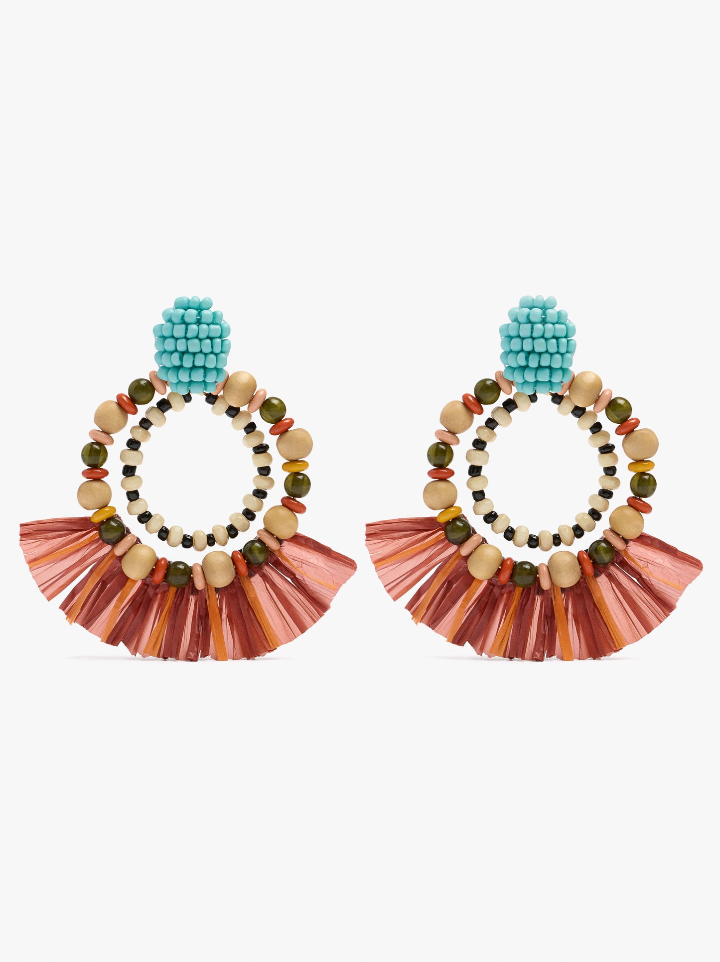 Double Hoop Earrings With Raffia Wood Beads