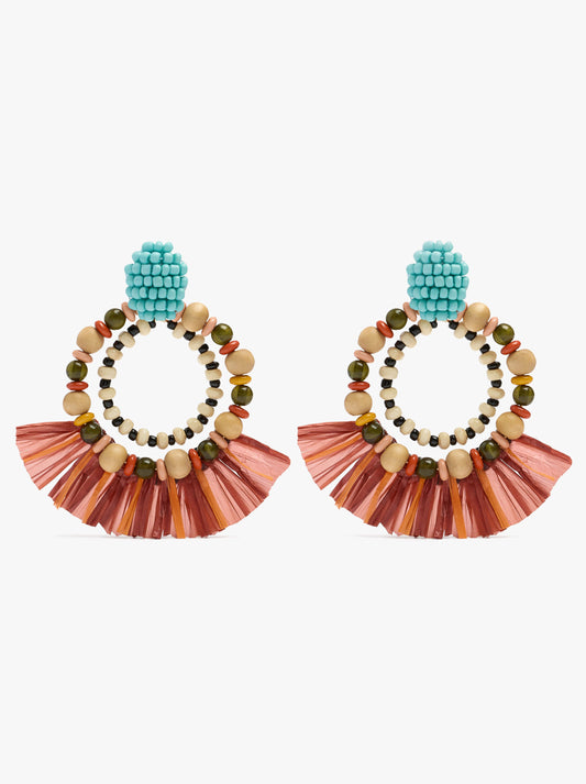 Double Hoop Earrings With Raffia Wood Beads