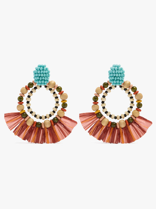 Double Hoop Earrings With Raffia Wood Beads