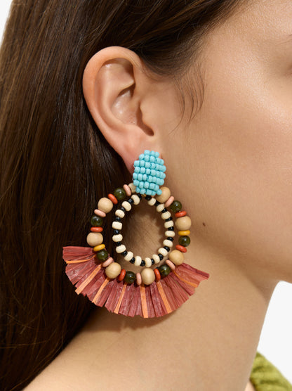 Double Hoop Earrings With Raffia Wood Beads