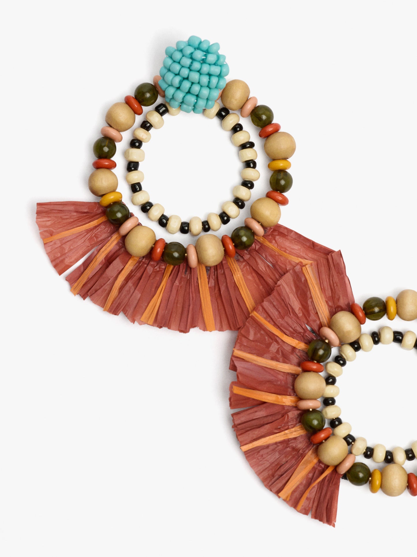 Double Hoop Earrings With Raffia Wood Beads