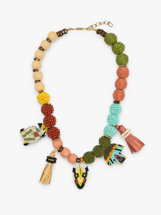 Short Necklace With Wooden Beads And Beads