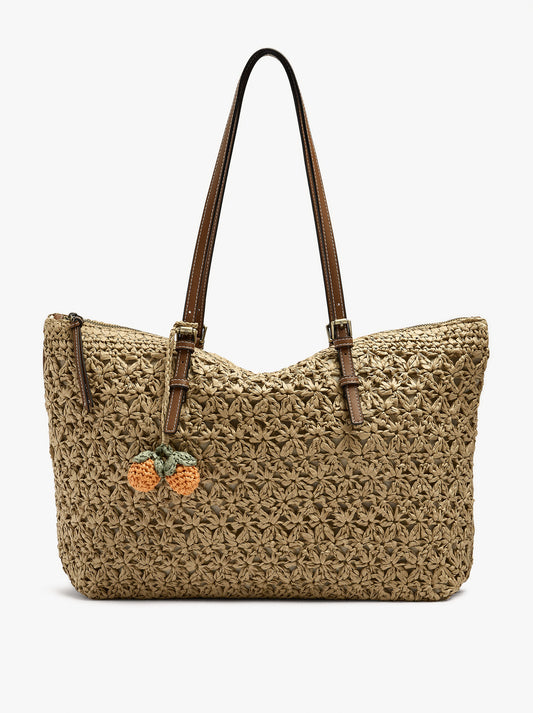 Shopper Bag With Paper Straw Effect And Pendant