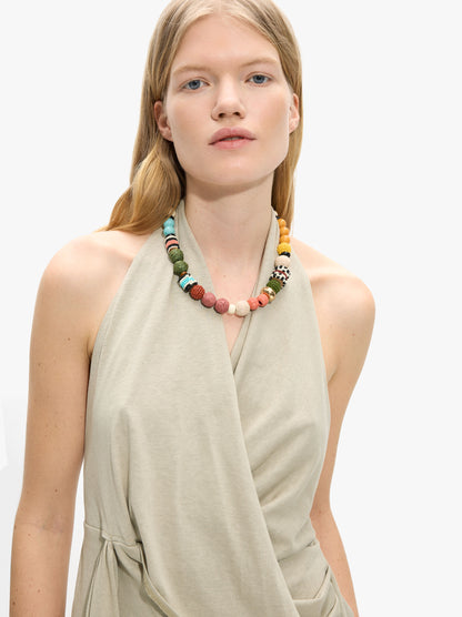 Multicolor Necklace With Beads Of Raffia And Wood