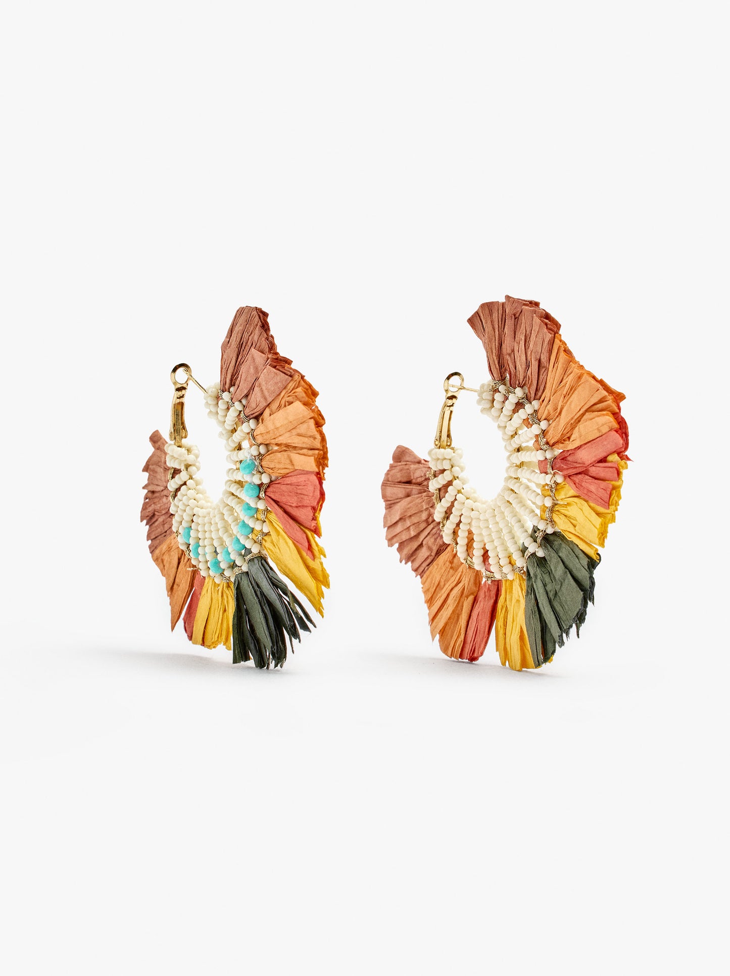 Maxi Hoop Earrings With Beads And Multicolor Raffia