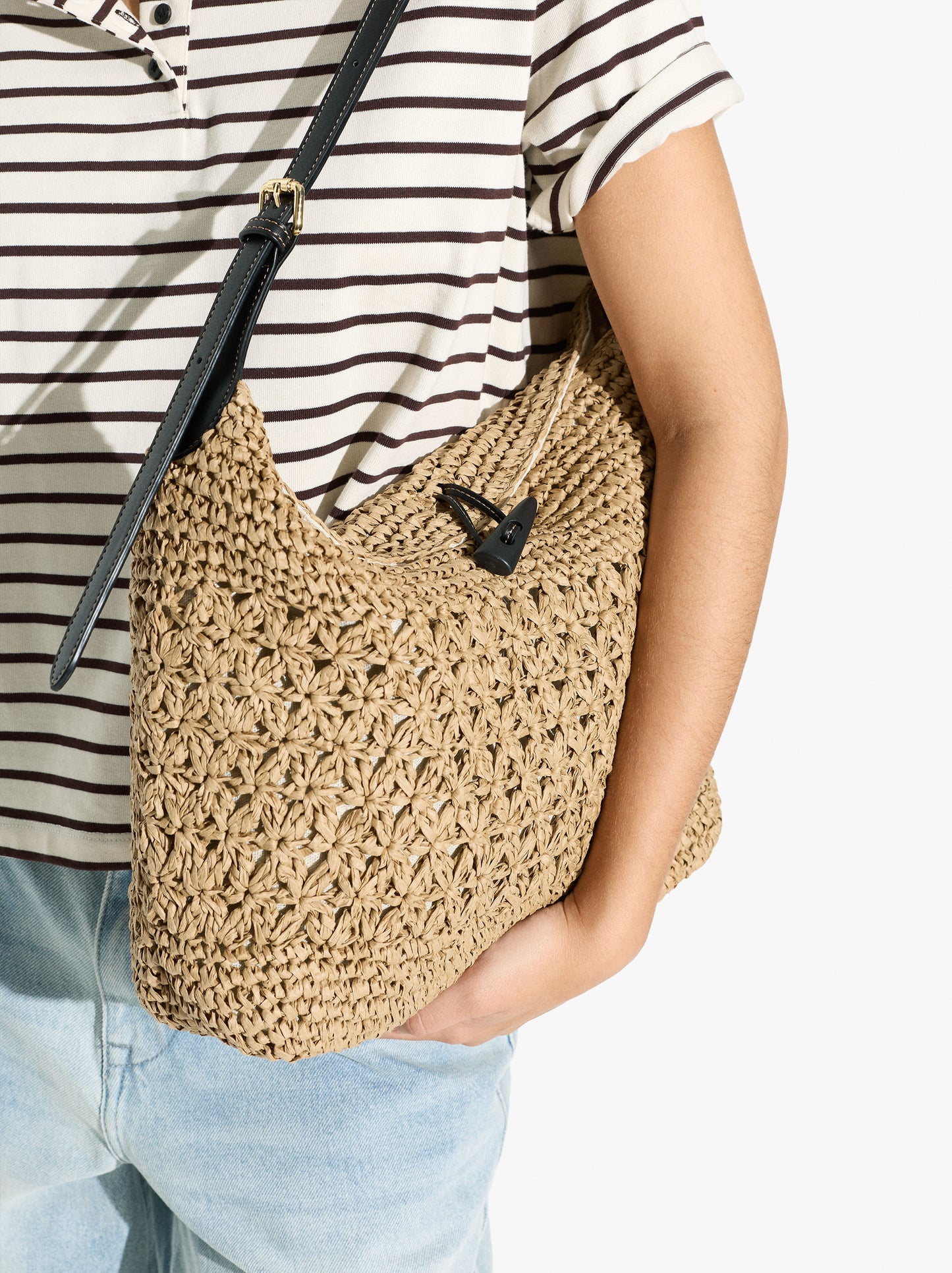 Shoulder Bag With Paper Straw Effect With Flap