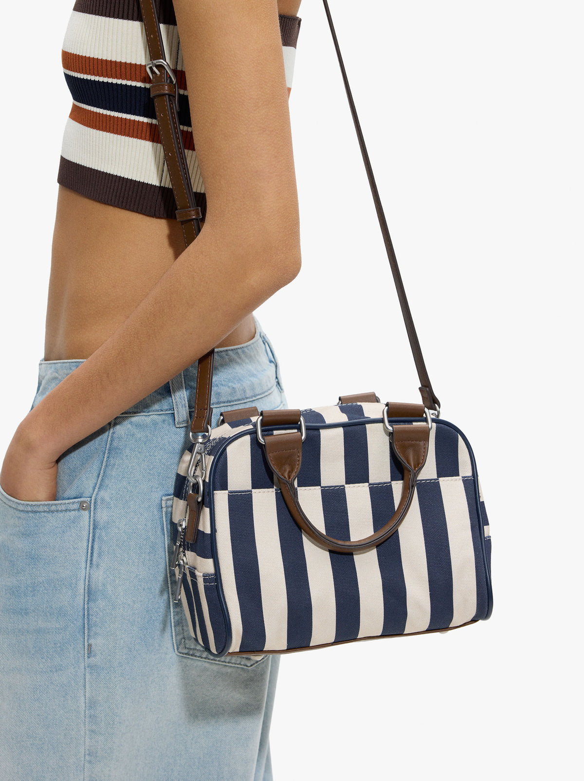 Striped Bowling Bag With Crossbody Bag