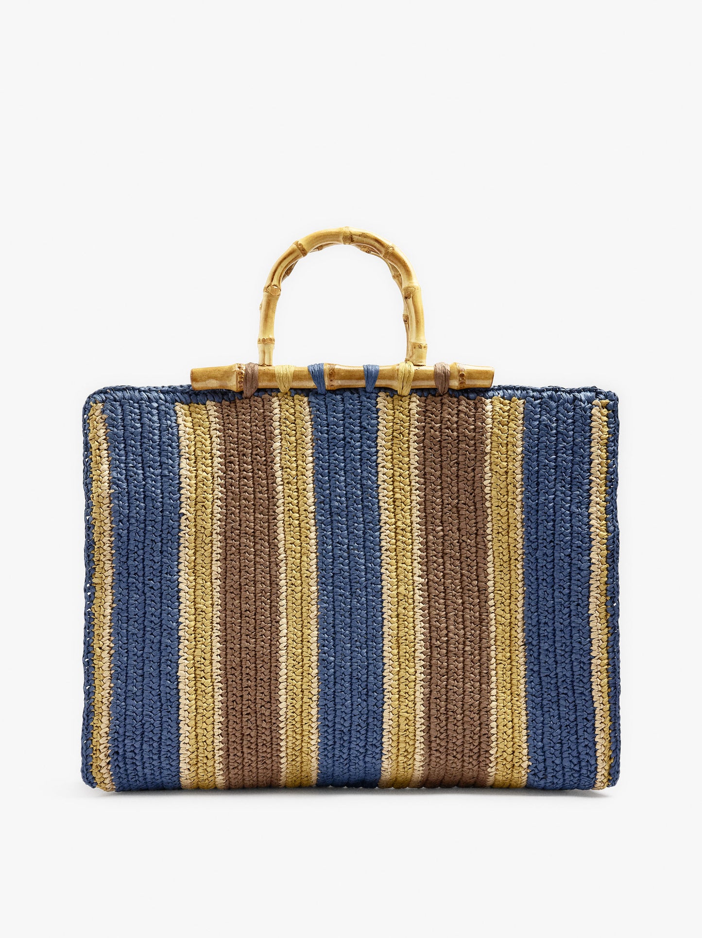Shopper Bag With Paper Straw Effect Stripes With Bamboo