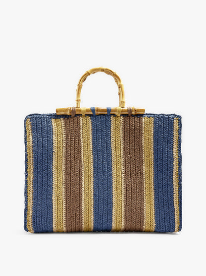 Shopper Bag With Paper Straw Effect Stripes With Bamboo