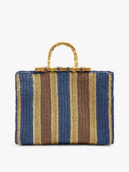 Shopper Bag With Paper Straw Effect Stripes With Bamboo