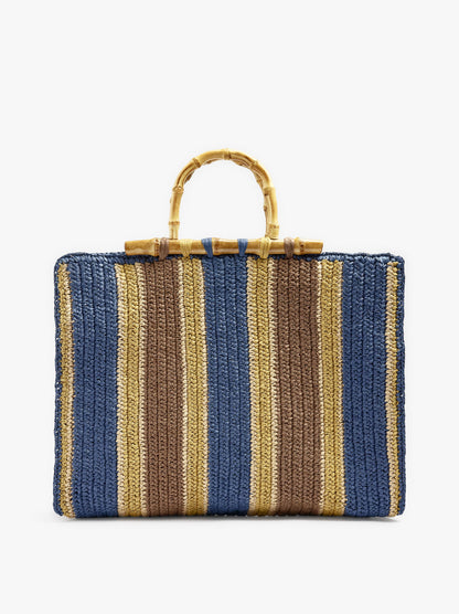 Shopper Bag With Paper Straw Effect Stripes With Bamboo