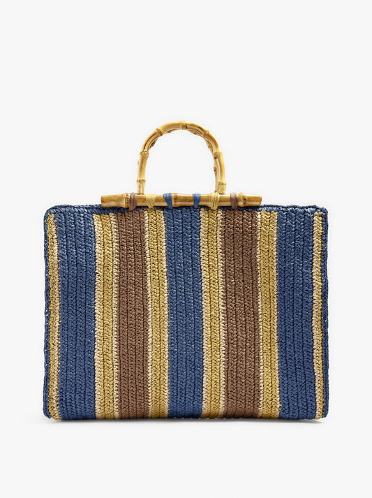 Shopper Bag With Paper Straw Effect Stripes With Bamboo