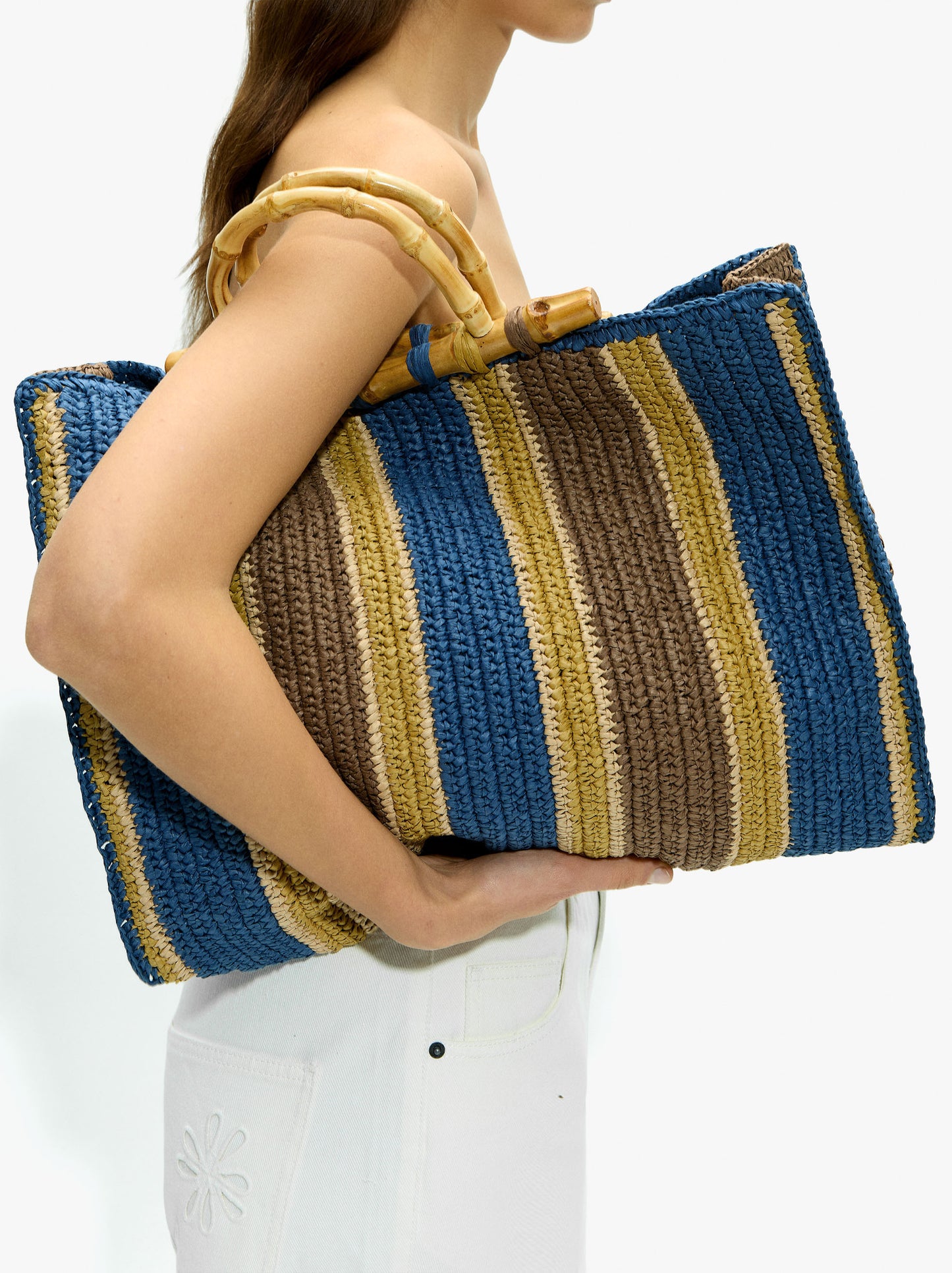 Shopper Bag With Paper Straw Effect Stripes With Bamboo