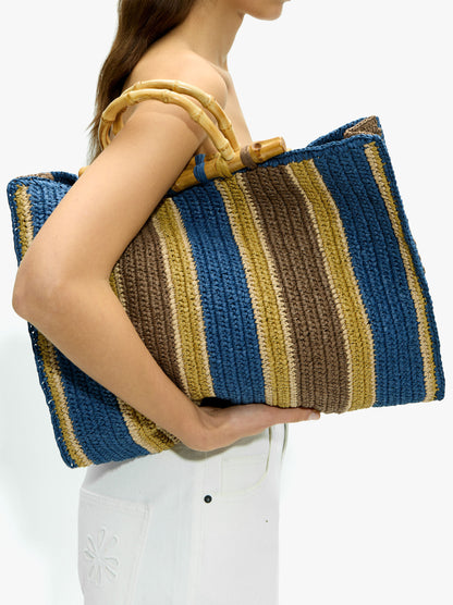 Shopper Bag With Paper Straw Effect Stripes With Bamboo