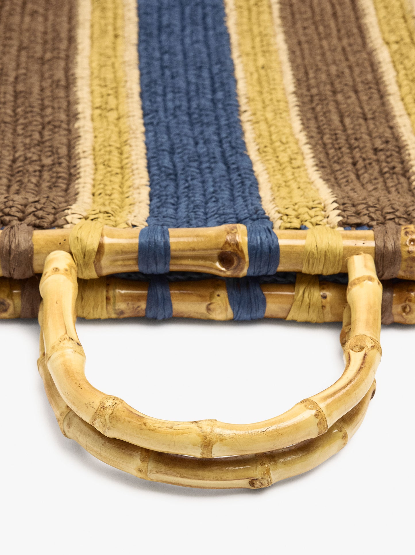 Shopper Bag With Paper Straw Effect Stripes With Bamboo