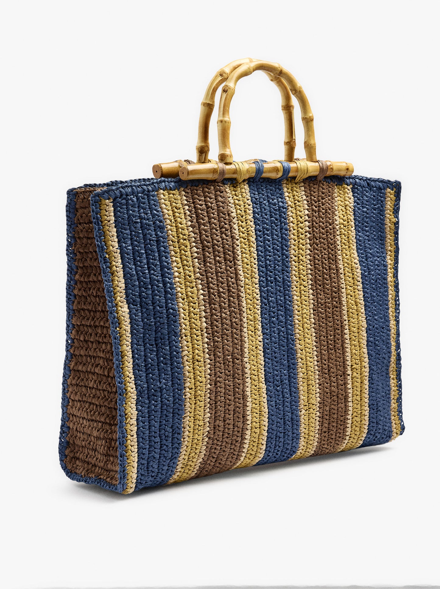 Shopper Bag With Paper Straw Effect Stripes With Bamboo