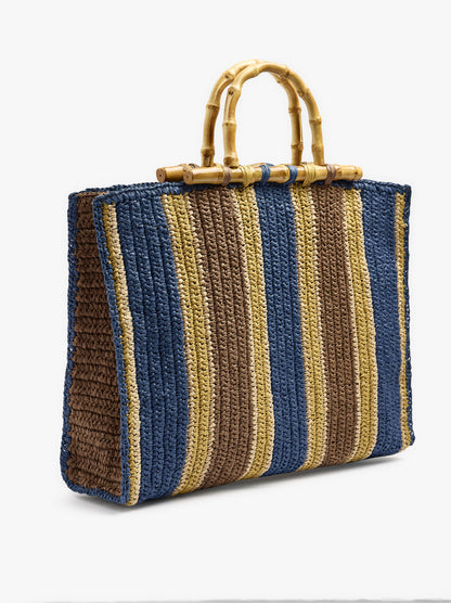 Shopper Bag With Paper Straw Effect Stripes With Bamboo