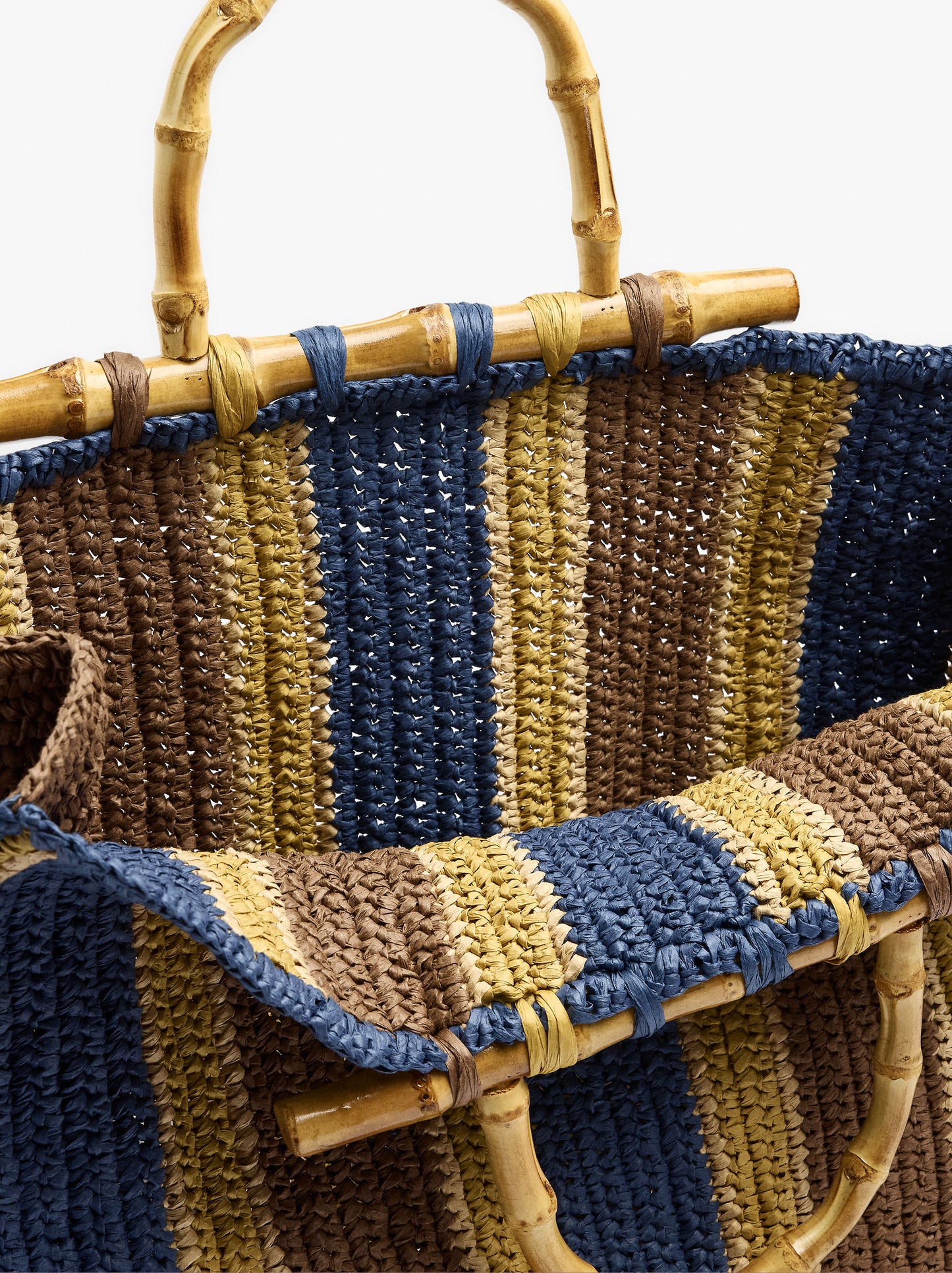 Shopper Bag With Paper Straw Effect Stripes With Bamboo