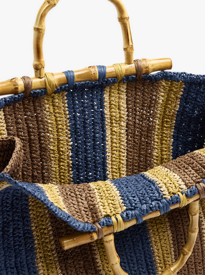 Shopper Bag With Paper Straw Effect Stripes With Bamboo