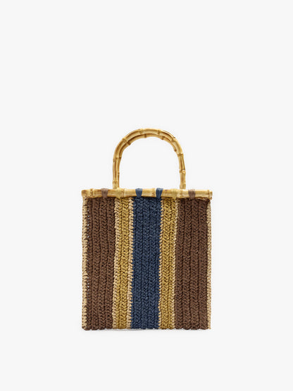 Handbag With Stripes Paper Straw Effect With Bamboo