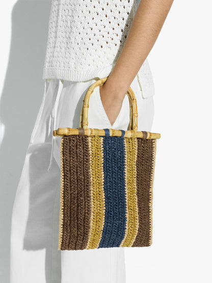Handbag With Stripes Paper Straw Effect With Bamboo