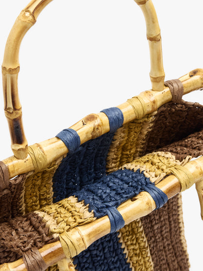 Handbag With Stripes Paper Straw Effect With Bamboo