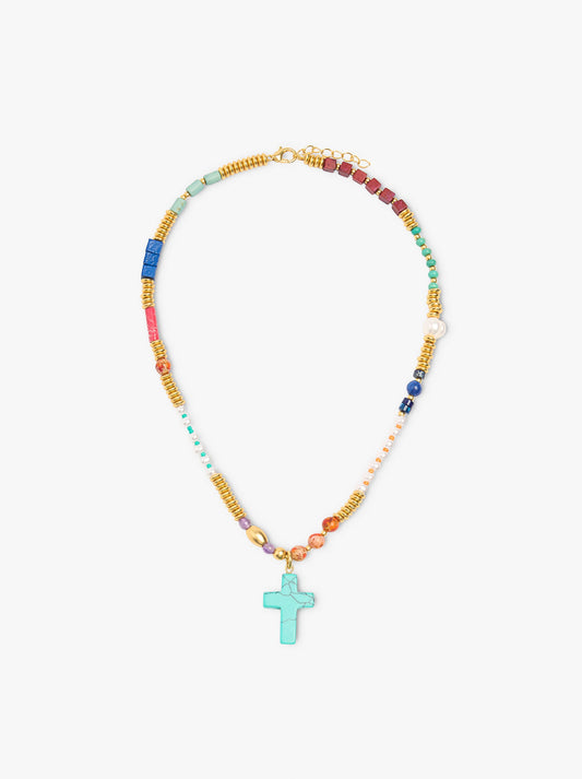Short Necklace With Stone Beads And Cross Pendant