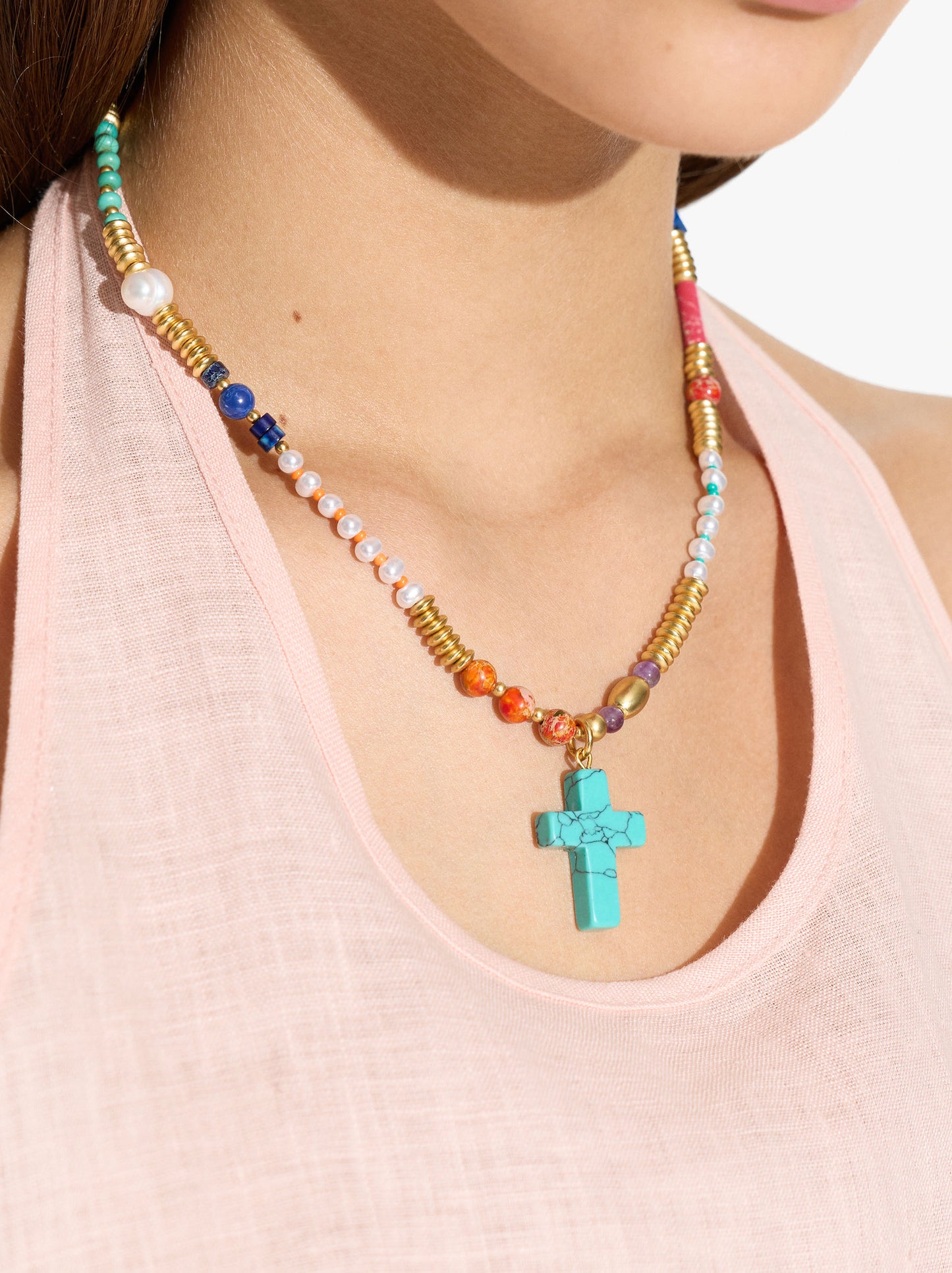 Short Necklace With Stone Beads And Cross Pendant