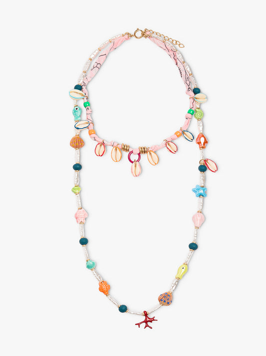 Multi-Collar Of Fabric With Ceramic Charms And Shells