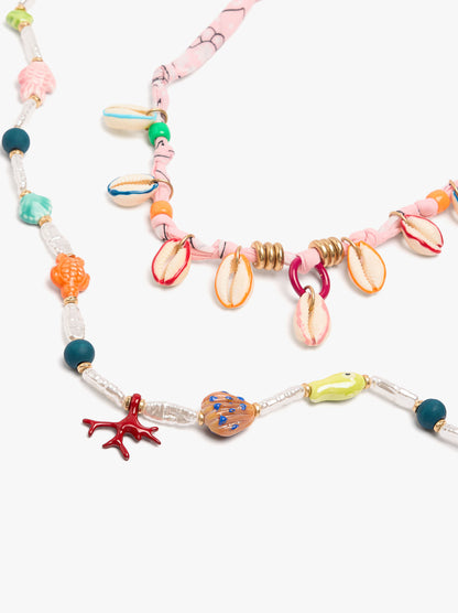 Multi-Collar Of Fabric With Ceramic Charms And Shells