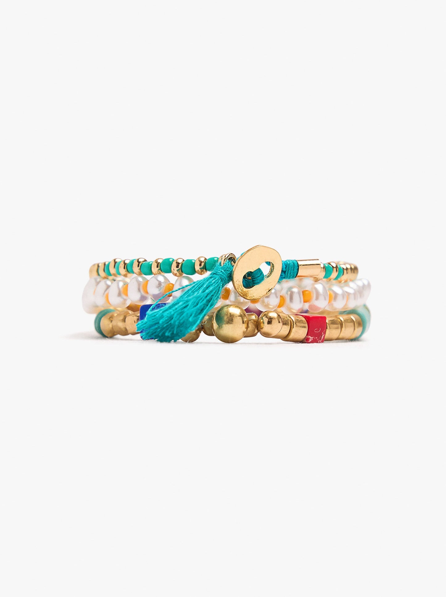 Set Of Elastic Bracelets With Glass Beads