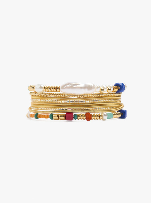 Set Of Elastic Bracelets With Stone And Resin Beads