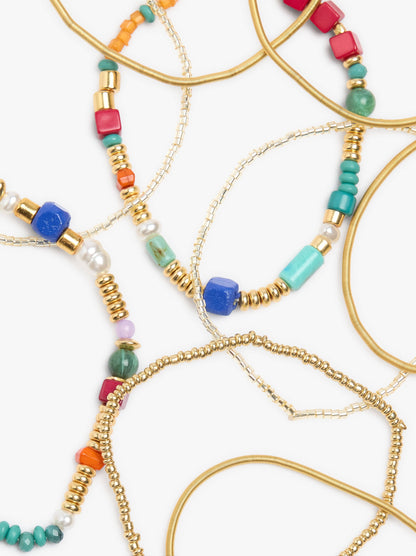 Set Of Elastic Bracelets With Stone And Resin Beads