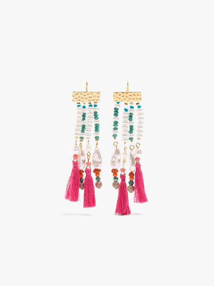 Long Earrings With Stone Beads And Tassels