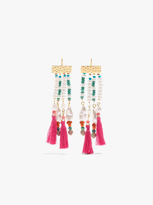 Long Earrings With Stone Beads And Tassels
