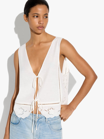 Vest With Perforated Embroidered Linen Blend