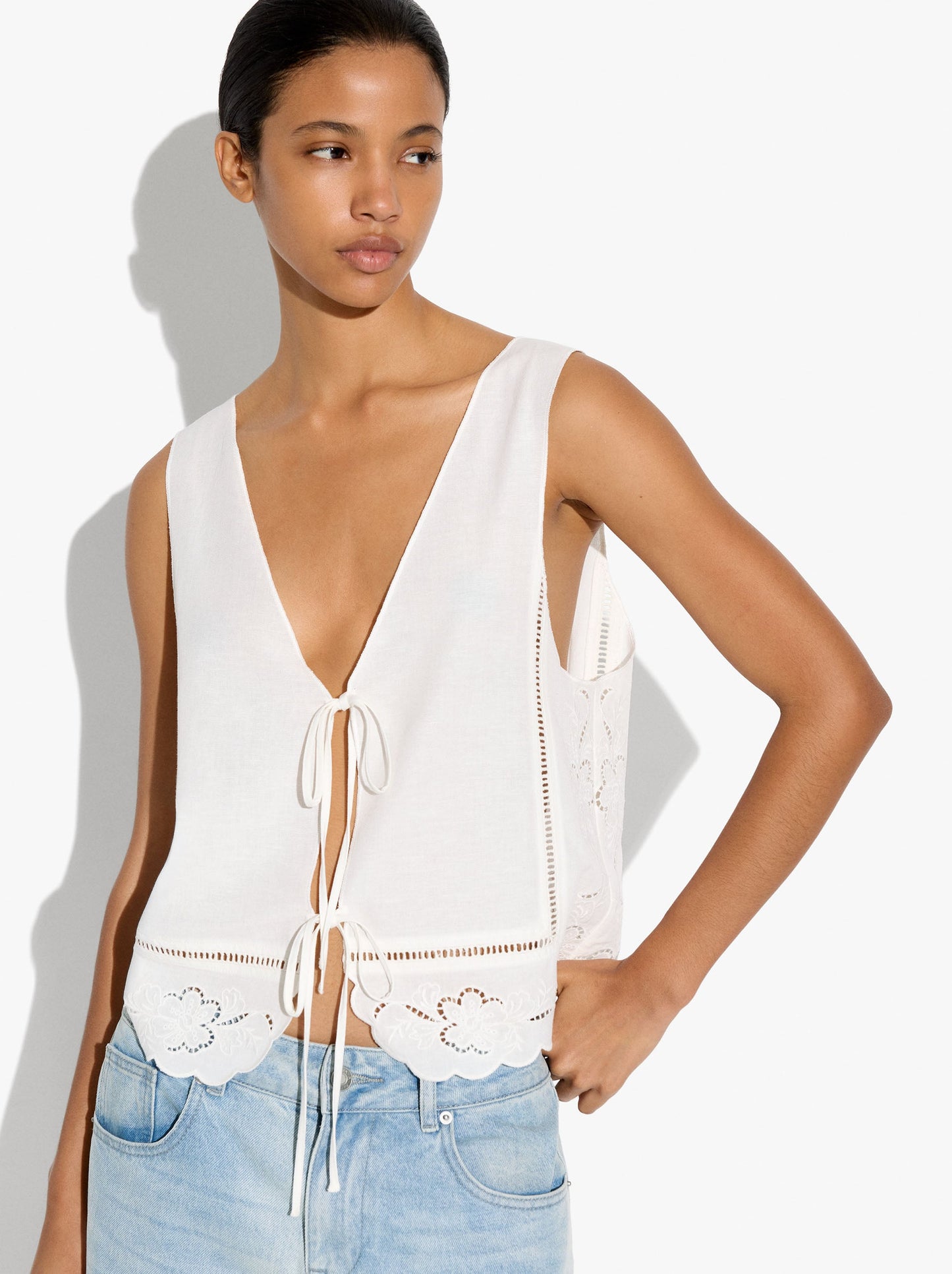 Vest With Perforated Embroidered Linen Blend