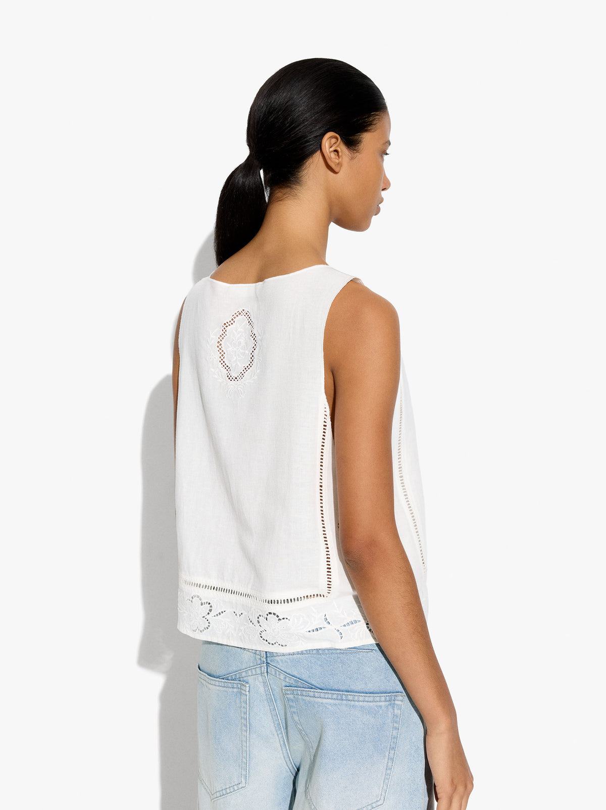 Vest With Perforated Embroidered Linen Blend