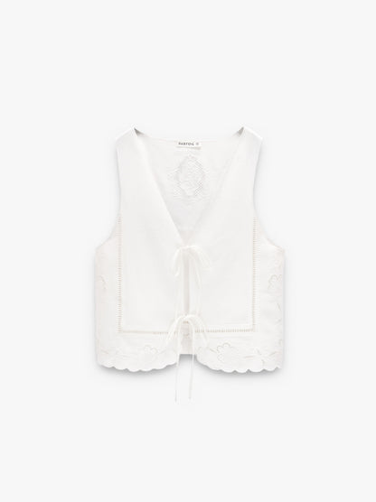 Vest With Perforated Embroidered Linen Blend