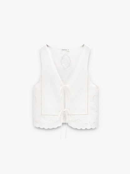 Vest With Perforated Embroidered Linen Blend
