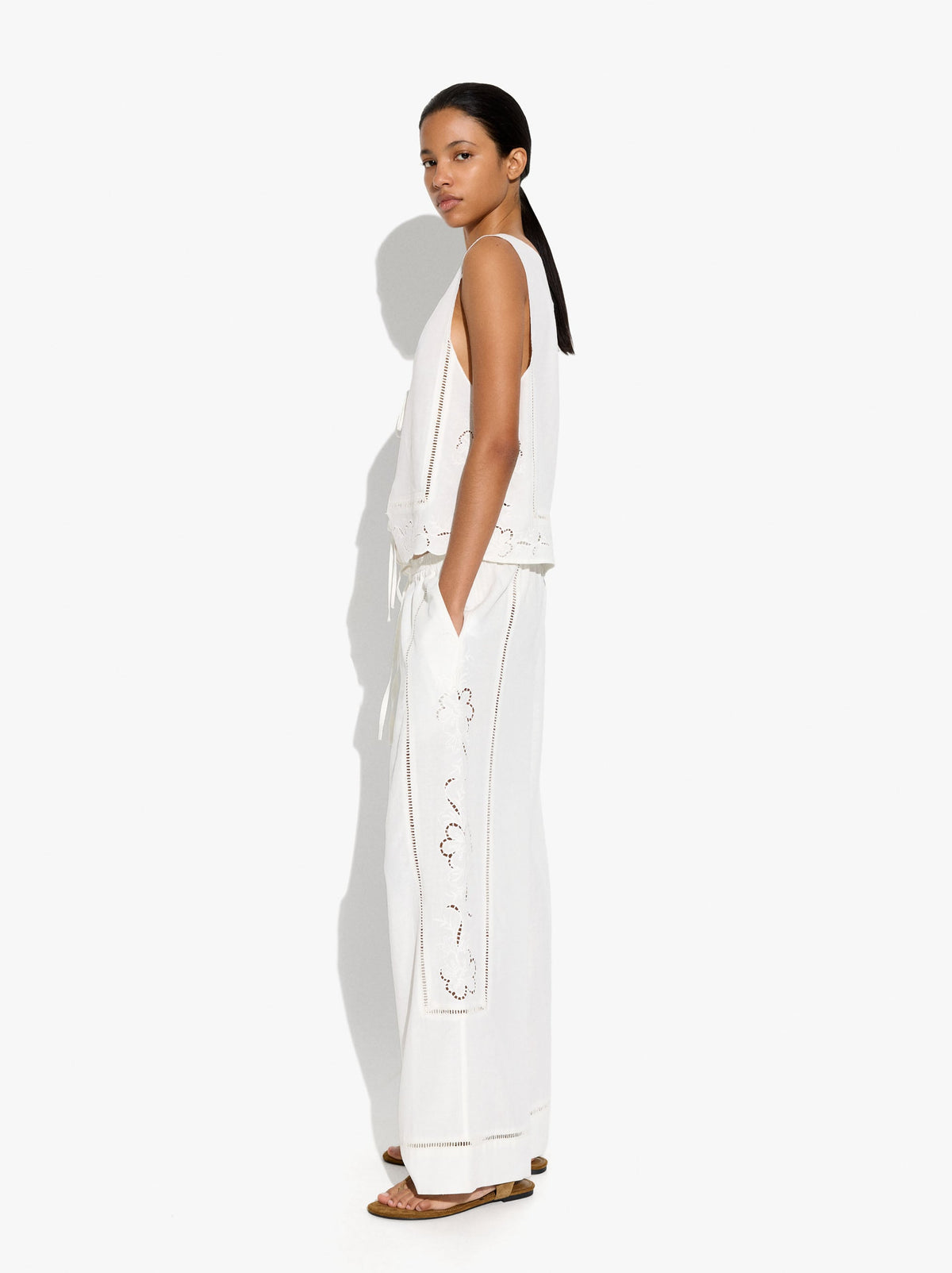 Trousers With Perforated Embroidery Linen Blend
