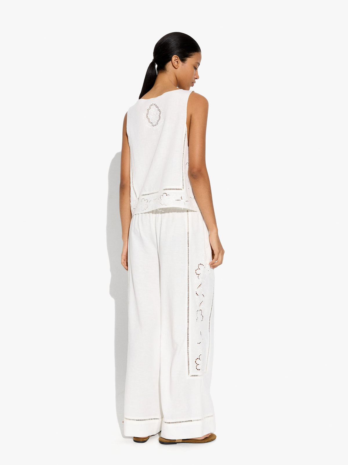 Trousers With Perforated Embroidery Linen Blend