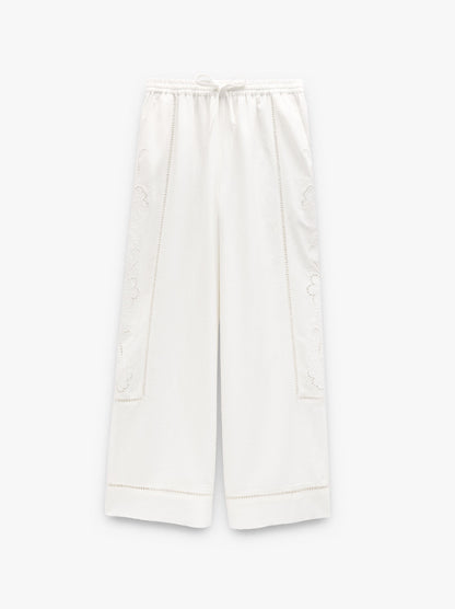 Trousers With Perforated Embroidery Linen Blend