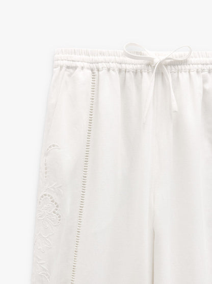 Trousers With Perforated Embroidery Linen Blend